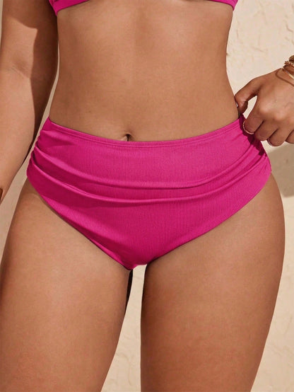 Swim Vcay Plus Size Women's Solid Color Ribbed Ruched Triangle Bikini Bottom Beach Vacation Summer Sexy