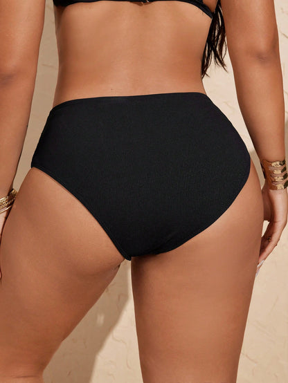 Swim Vcay Plus Size Women's Solid Color Ribbed Ruched Triangle Bikini Bottom Beach Vacation Summer Sexy