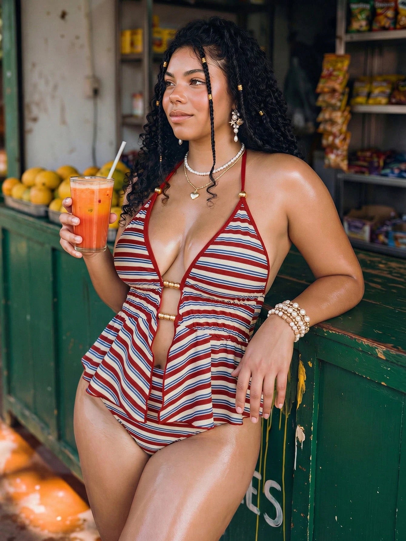 Swim Vcay Plus Size Women Summer Beach Striped Sexy Halter Tankini Set