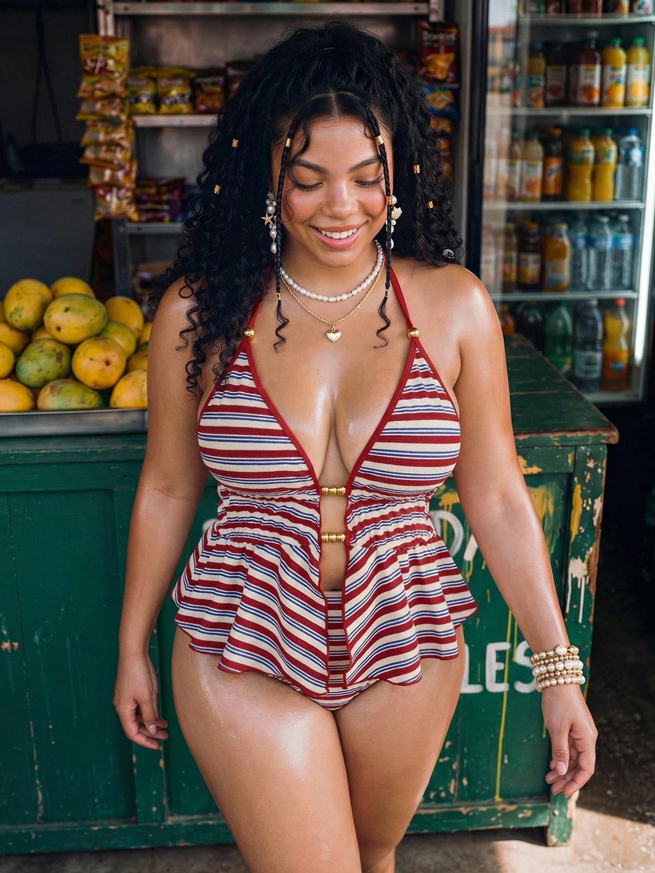 Swim Vcay Plus Size Women Summer Beach Striped Sexy Halter Tankini Set