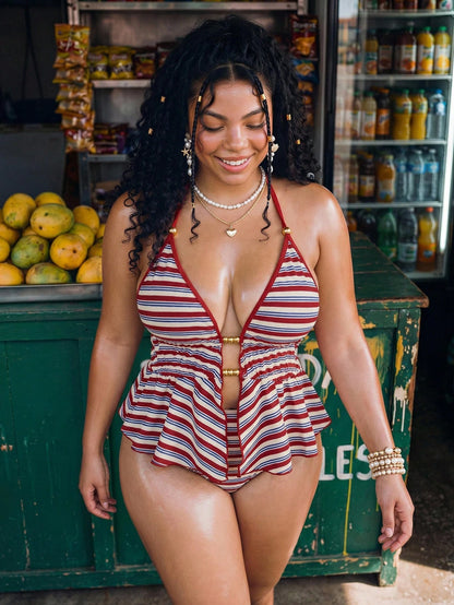 Swim Vcay Plus Size Women Summer Beach Striped Sexy Halter Tankini Set