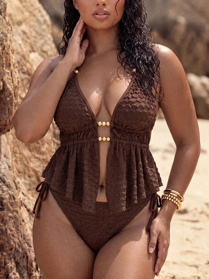 Swim Vcay Plus Size Women Summer Beach Striped Sexy Halter Tankini Set