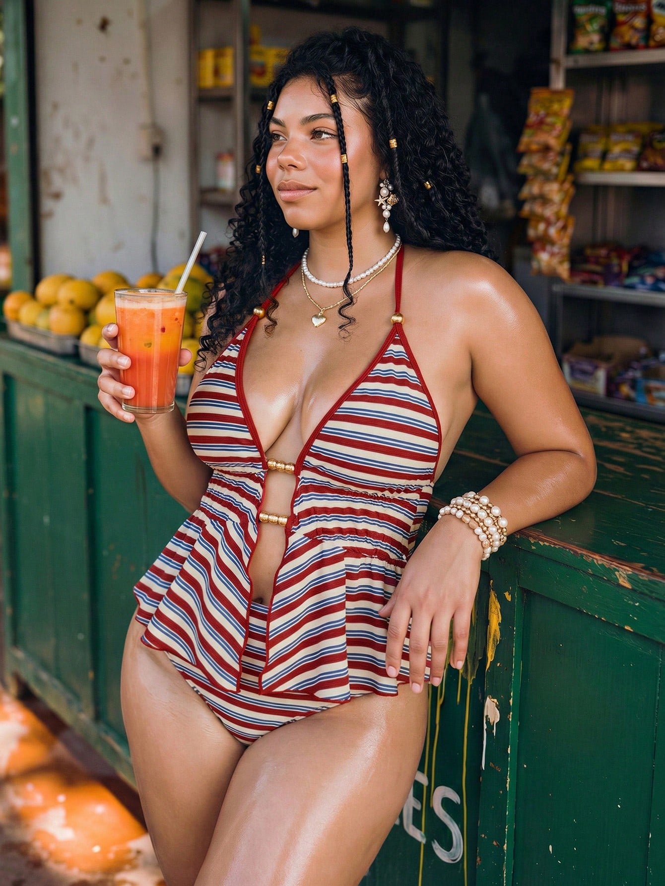 Swim Vcay Plus Size Women Summer Beach Striped Sexy Halter Tankini Set
