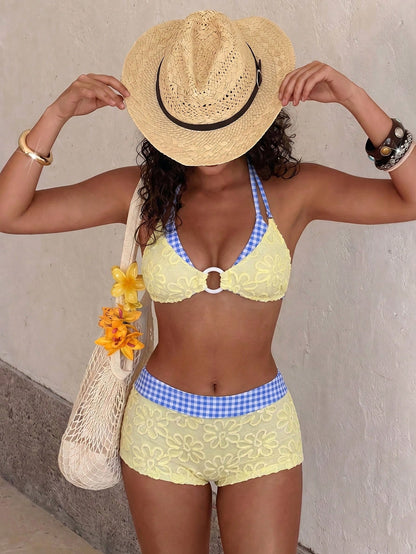 Swim Vcay Soft Cream Yellow 3D Flower Halter Bikini Top, Blue Plaid Waist Slimming Shorts Swimwear