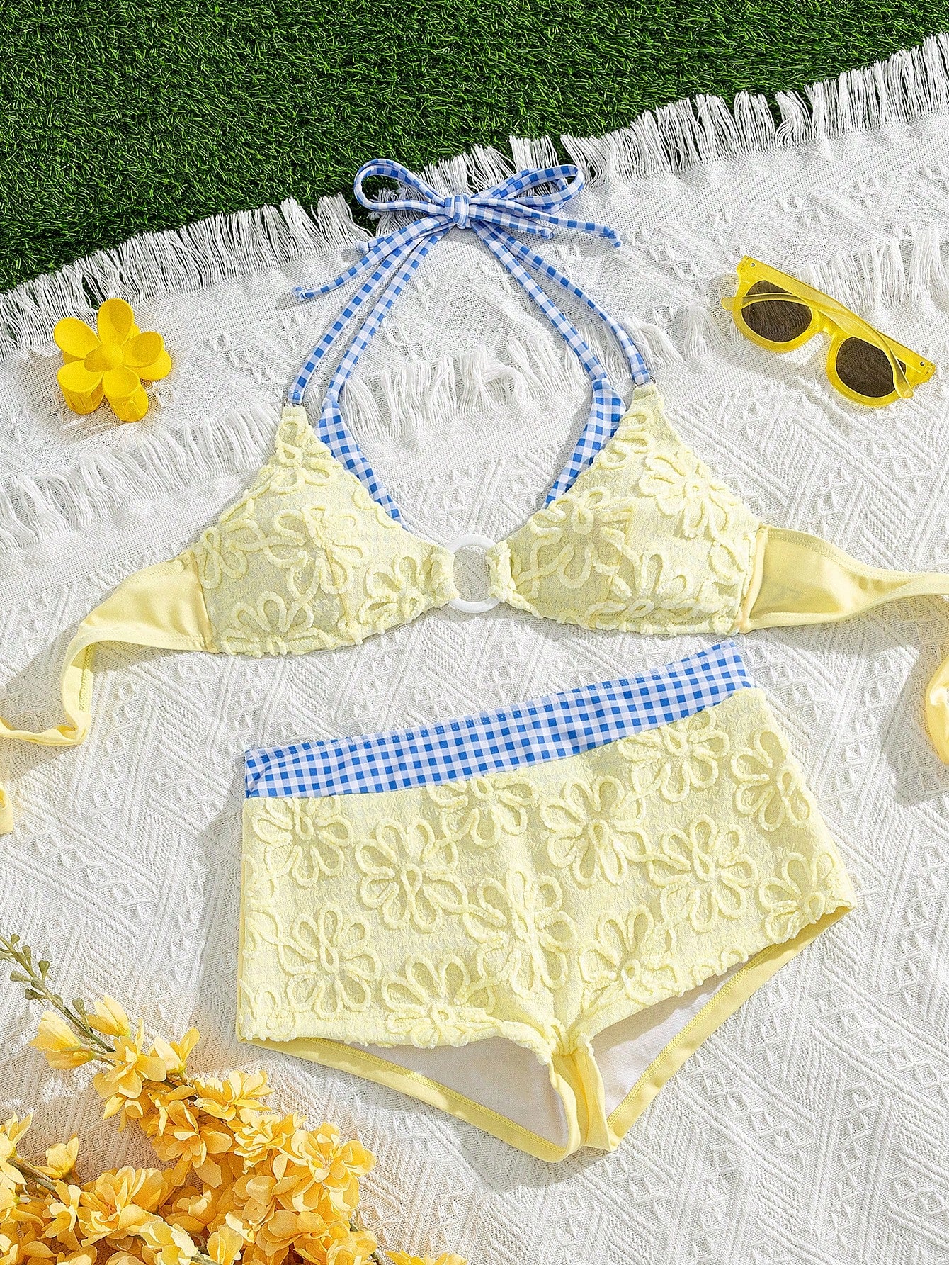 Swim Vcay Soft Cream Yellow 3D Flower Halter Bikini Top, Blue Plaid Waist Slimming Shorts Swimwear