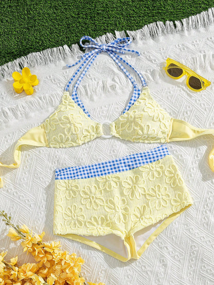Swim Vcay Soft Cream Yellow 3D Flower Halter Bikini Top, Blue Plaid Waist Slimming Shorts Swimwear