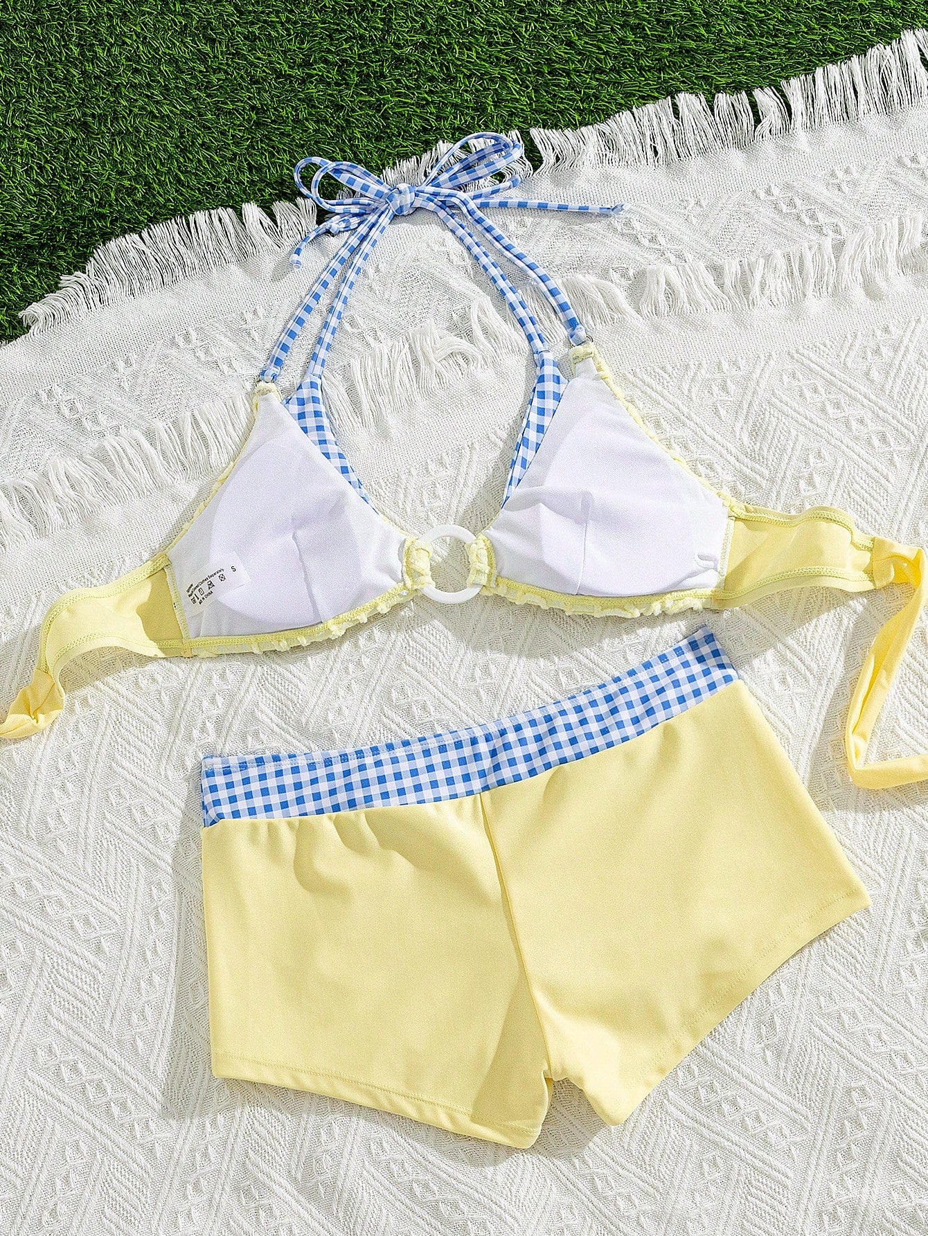 Swim Vcay Soft Cream Yellow 3D Flower Halter Bikini Top, Blue Plaid Waist Slimming Shorts Swimwear