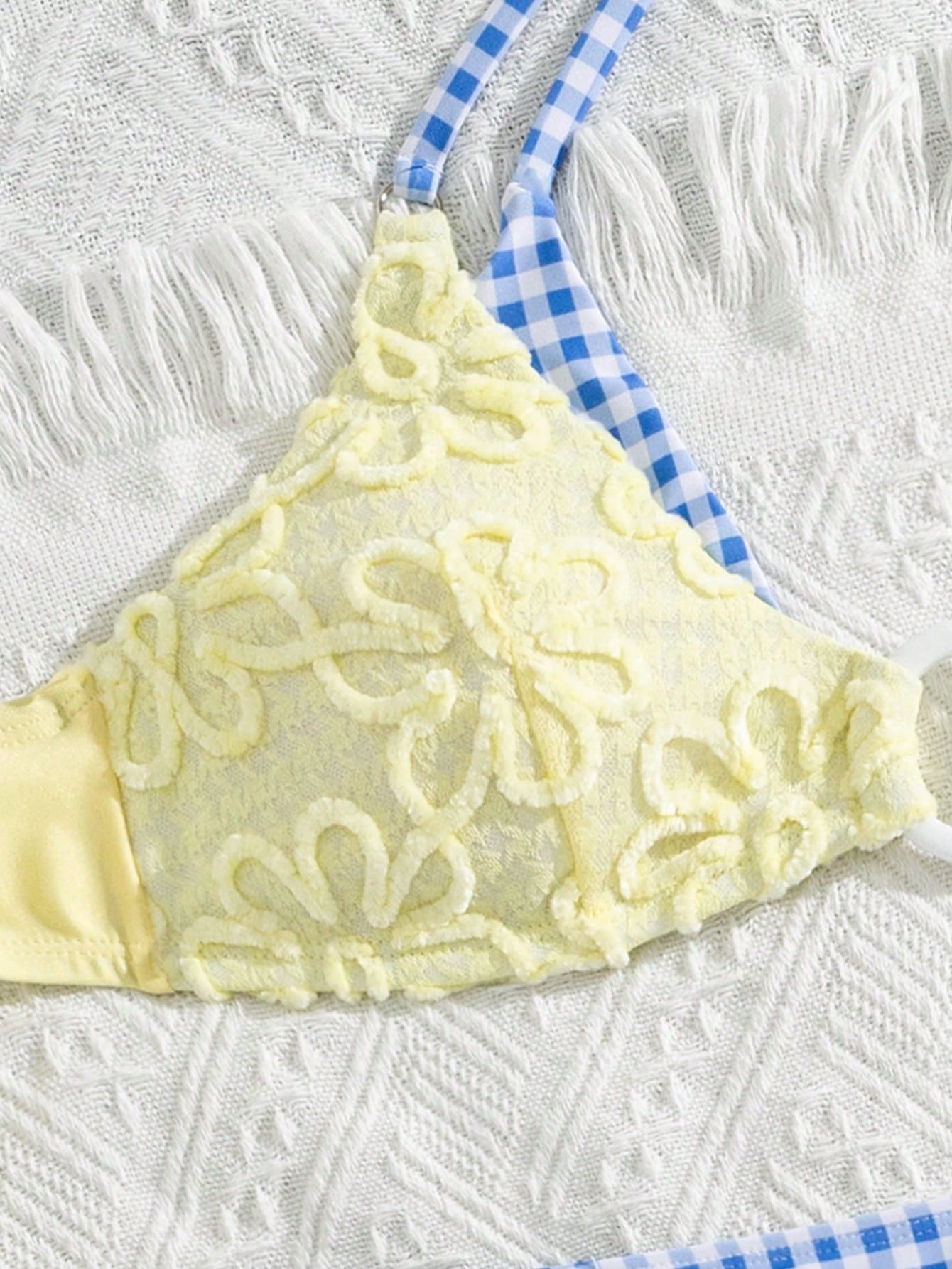 Swim Vcay Soft Cream Yellow 3D Flower Halter Bikini Top, Blue Plaid Waist Slimming Shorts Swimwear
