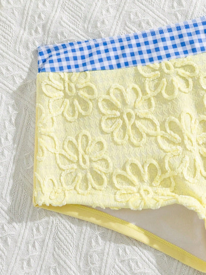 Swim Vcay Soft Cream Yellow 3D Flower Halter Bikini Top, Blue Plaid Waist Slimming Shorts Swimwear
