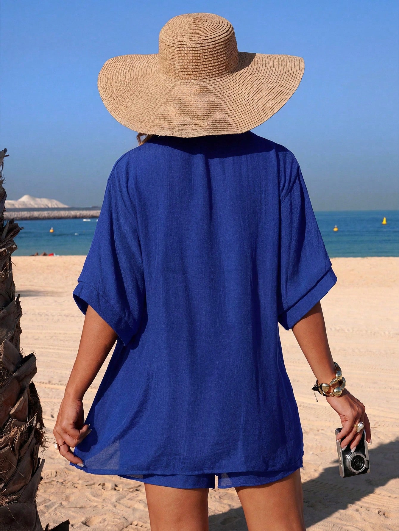 Swim Vcay Spring/Summer Elegant Autumn New 1 Piece Woven Solid Coconut Tree Patterned Decorative Short Sleeve Resort-Style Women's Swimwear Kimono