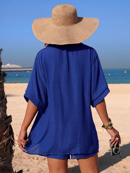 Swim Vcay Spring/Summer Elegant Autumn New 1 Piece Woven Solid Coconut Tree Patterned Decorative Short Sleeve Resort-Style Women's Swimwear Kimono