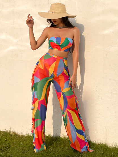 Swim Vcay Summer Beach Colorful Print Bikini Set Bandeau Bra & Bikini Bottom & Ruffle Trim Beach Pants 3 Piece Bathing Suit