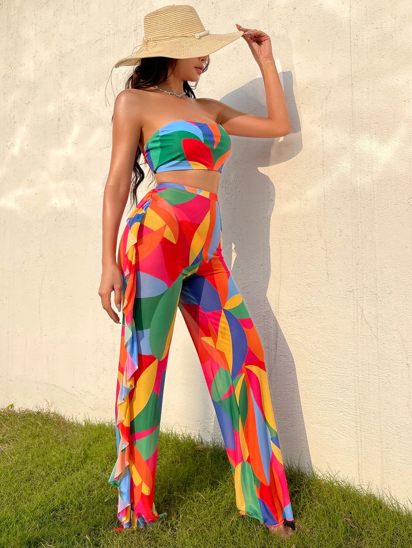Swim Vcay Summer Beach Colorful Print Bikini Set Bandeau Bra & Bikini Bottom & Ruffle Trim Beach Pants 3 Piece Bathing Suit