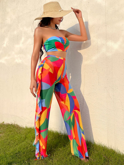 Swim Vcay Summer Beach Colorful Print Bikini Set Bandeau Bra & Bikini Bottom & Ruffle Trim Beach Pants 3 Piece Bathing Suit