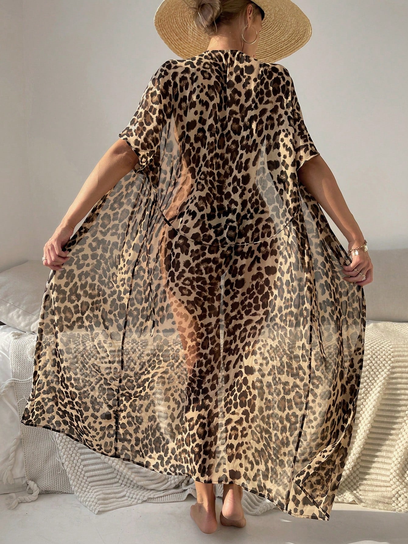 Swim Vcay Summer Beach Leopard Chiffon Detachable Belt Kimono