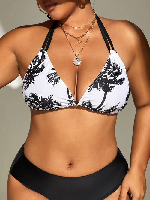 Swim Vcay Summer Beach Plus Coconut Tree Print Halter Triangle Bikini Top