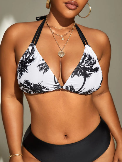 Swim Vcay Summer Beach Plus Coconut Tree Print Halter Triangle Bikini Top
