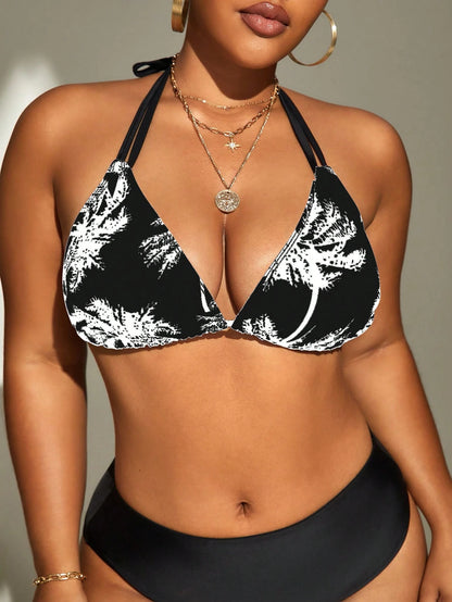 Swim Vcay Summer Beach Plus Coconut Tree Print Halter Triangle Bikini Top