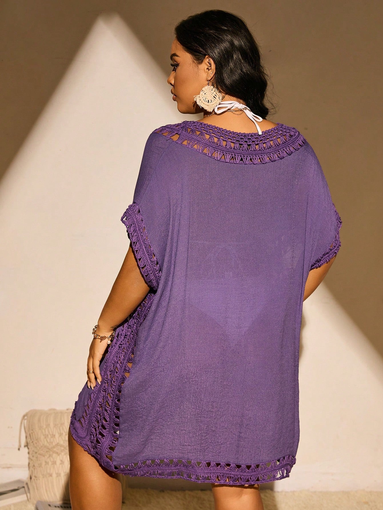 Swim Vcay Summer Beach Plus Size Crochet Patchwork Batwing Sleeve Cover Up Dress, Short Sleeve Cruise Outfit Beach Outfit Vacay Vibe