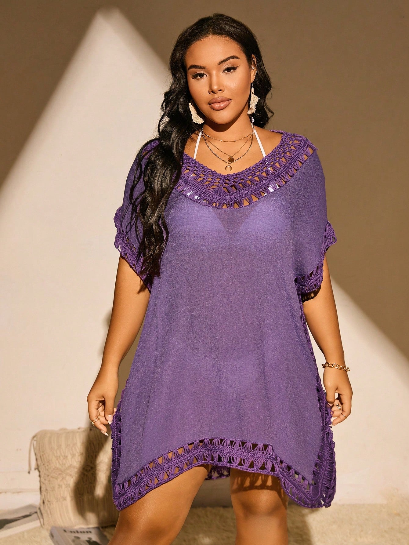 Swim Vcay Summer Beach Plus Size Crochet Patchwork Batwing Sleeve Cover Up Dress, Short Sleeve Cruise Outfit Beach Outfit Vacay Vibe