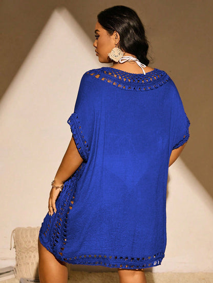 Swim Vcay Summer Beach Plus Size Crochet Patchwork Batwing Sleeve Cover Up Dress, Short Sleeve Cruise Outfit Beach Outfit Vacay Vibe
