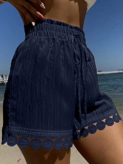 Swim Vcay Summer Clothes 1 PiecesWomen Beach Vacation Outfits: Lace Trim Tie Waist Cover Up, Swimsuit Top, Shorts