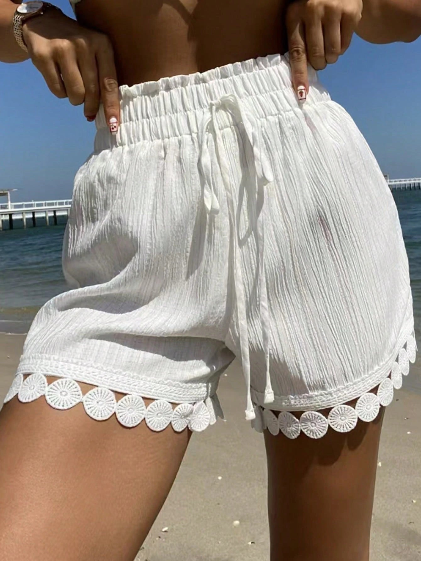Swim Vcay Summer Clothes 1 PiecesWomen Beach Vacation Outfits: Lace Trim Tie Waist Cover Up, Swimsuit Top, Shorts