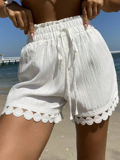 Swim Vcay Summer Clothes 1 PiecesWomen Beach Vacation Outfits: Lace Trim Tie Waist Cover Up, Swimsuit Top, Shorts