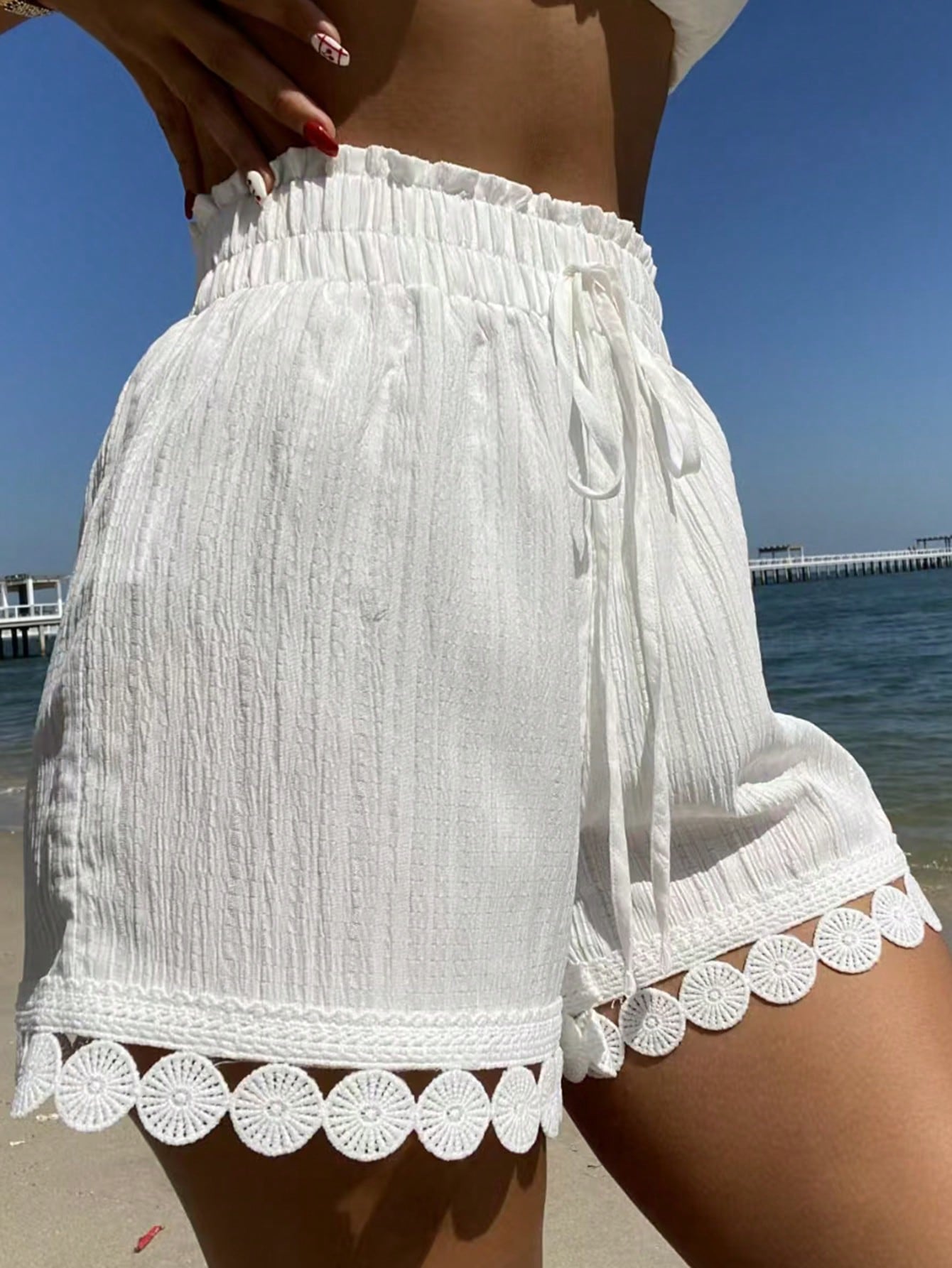 Swim Vcay Summer Clothes 1 PiecesWomen Beach Vacation Outfits: Lace Trim Tie Waist Cover Up, Swimsuit Top, Shorts