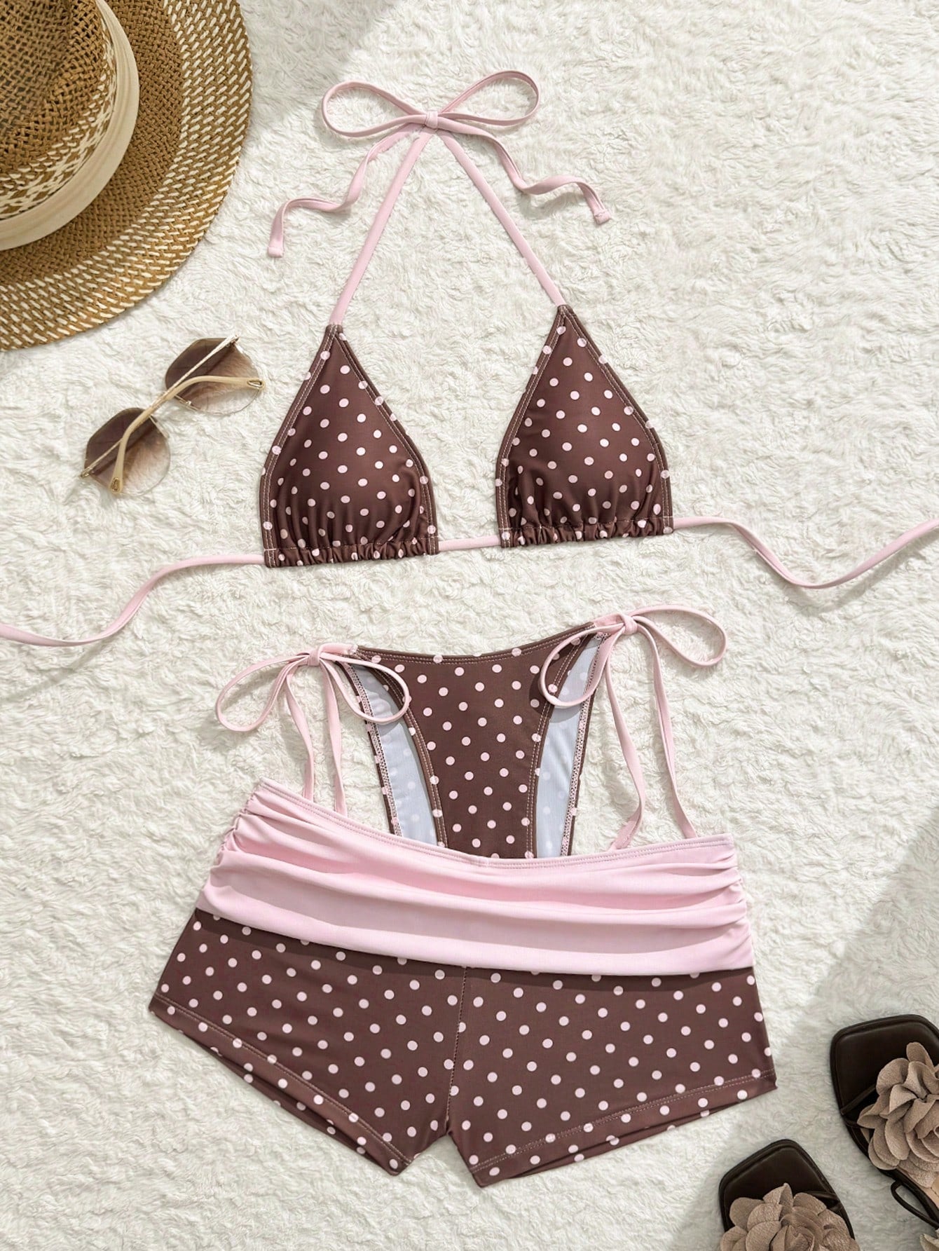 Swim Vcay Summer New Beach Vacation Party Afternoon Tea Polka Dot Print Micro Triangle Side Tie Ruched 3 PiecesWomen Swimwear Set