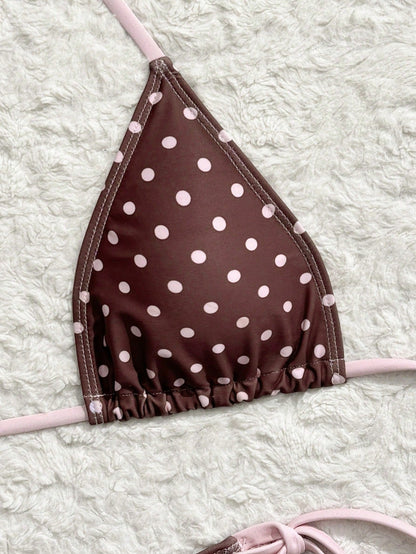 Swim Vcay Summer New Beach Vacation Party Afternoon Tea Polka Dot Print Micro Triangle Side Tie Ruched 3 PiecesWomen Swimwear Set