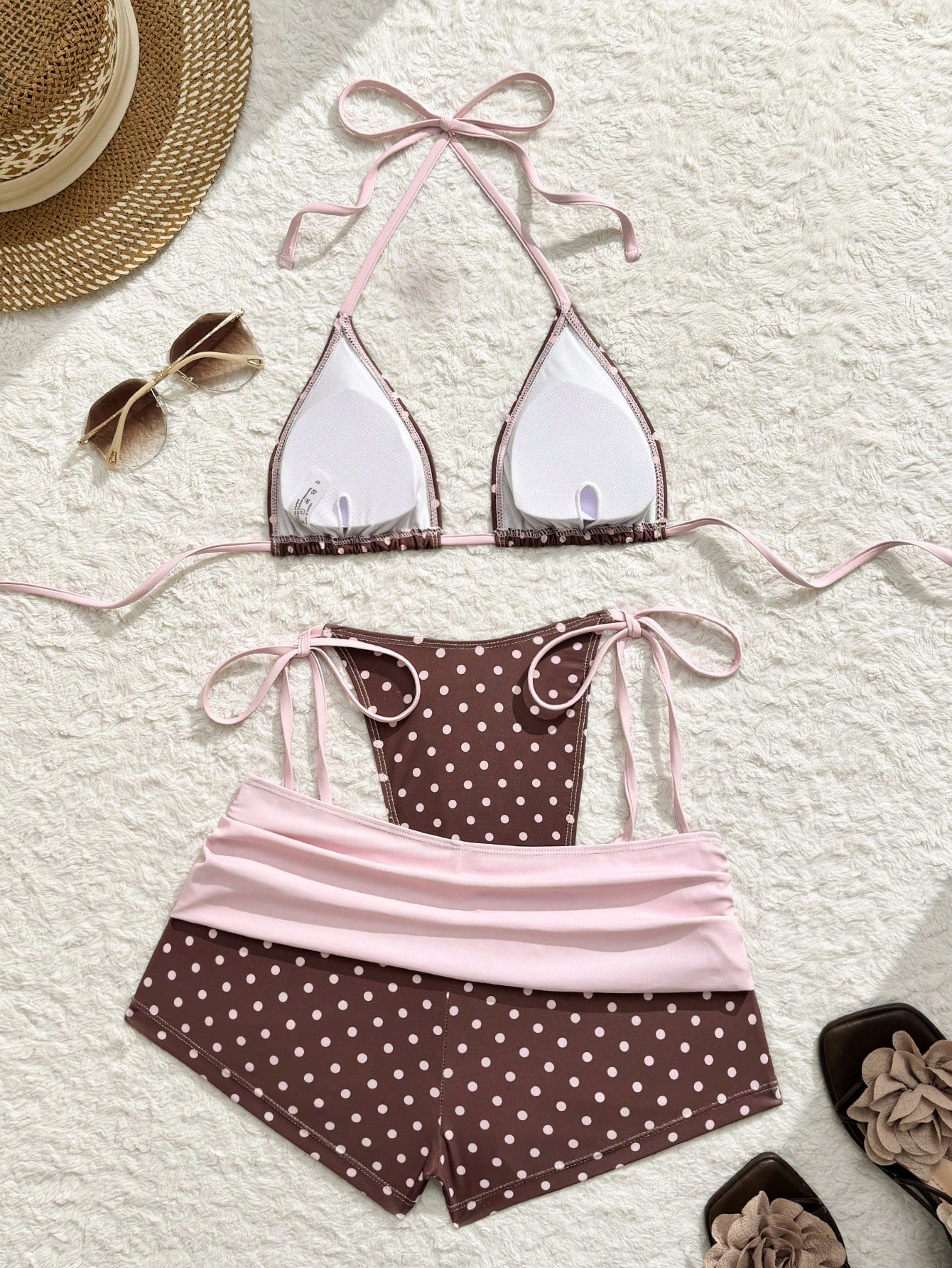 Swim Vcay Summer New Beach Vacation Party Afternoon Tea Polka Dot Print Micro Triangle Side Tie Ruched 3 PiecesWomen Swimwear Set