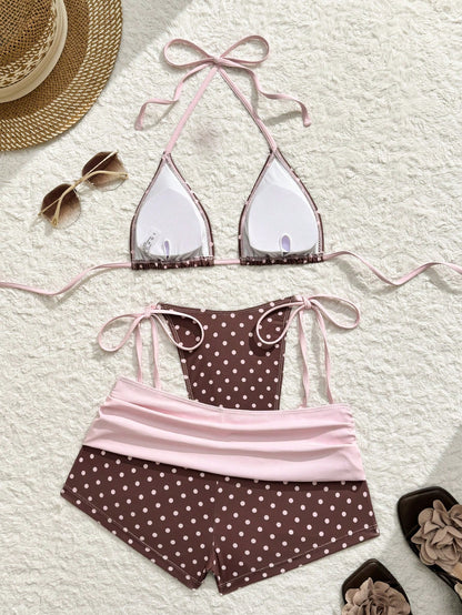Swim Vcay Summer New Beach Vacation Party Afternoon Tea Polka Dot Print Micro Triangle Side Tie Ruched 3 PiecesWomen Swimwear Set