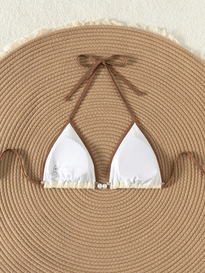 Swim Vcay Summer Retro Holiday Beach Apricot Color Splice Special Fabric Women One Piece Bikini Top