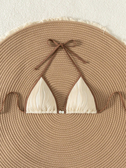 Swim Vcay Summer Retro Holiday Beach Apricot Color Splice Special Fabric Women One Piece Bikini Top