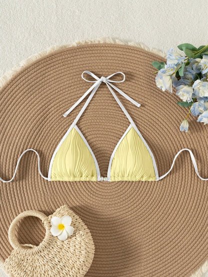 Swim Vcay Summer Retro Holiday Beach Apricot Color Splice Special Fabric Women One Piece Bikini Top