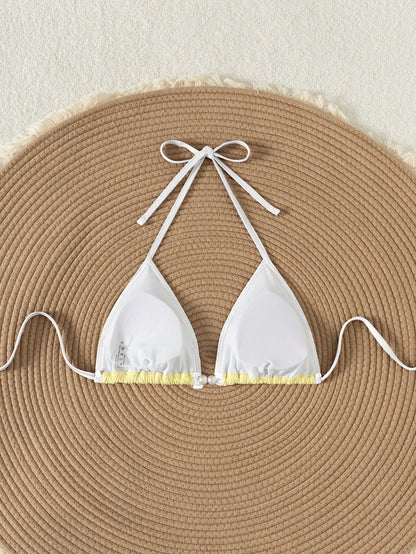 Swim Vcay Summer Retro Holiday Beach Apricot Color Splice Special Fabric Women One Piece Bikini Top