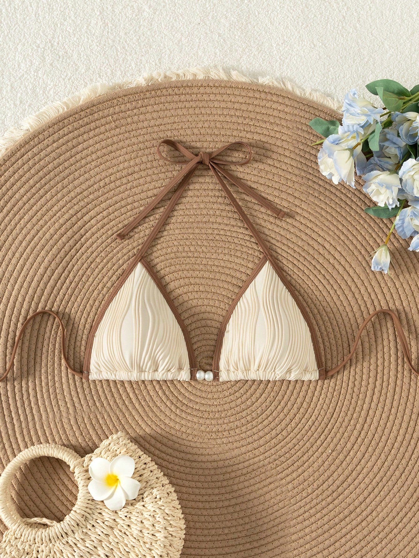 Swim Vcay Summer Retro Holiday Beach Apricot Color Splice Special Fabric Women One Piece Bikini Top