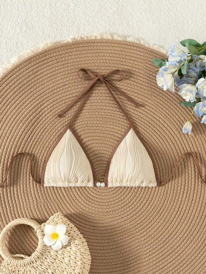 Swim Vcay Summer Retro Holiday Beach Apricot Color Splice Special Fabric Women One Piece Bikini Top