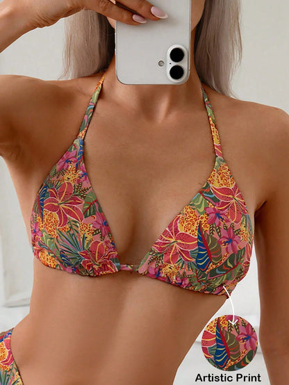 Swim Vcay Women's Beach Holiday Random Tropical Plant Print Halter Tie Sexy Triangle Bikini Top For Summer Beach Vacation