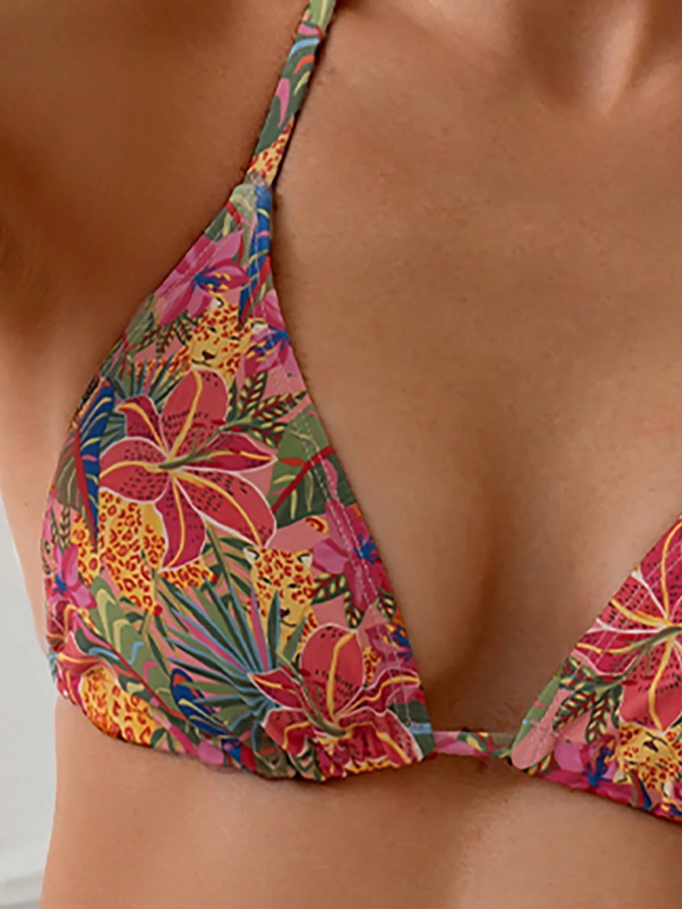 Swim Vcay Women's Beach Holiday Random Tropical Plant Print Halter Tie Sexy Triangle Bikini Top For Summer Beach Vacation