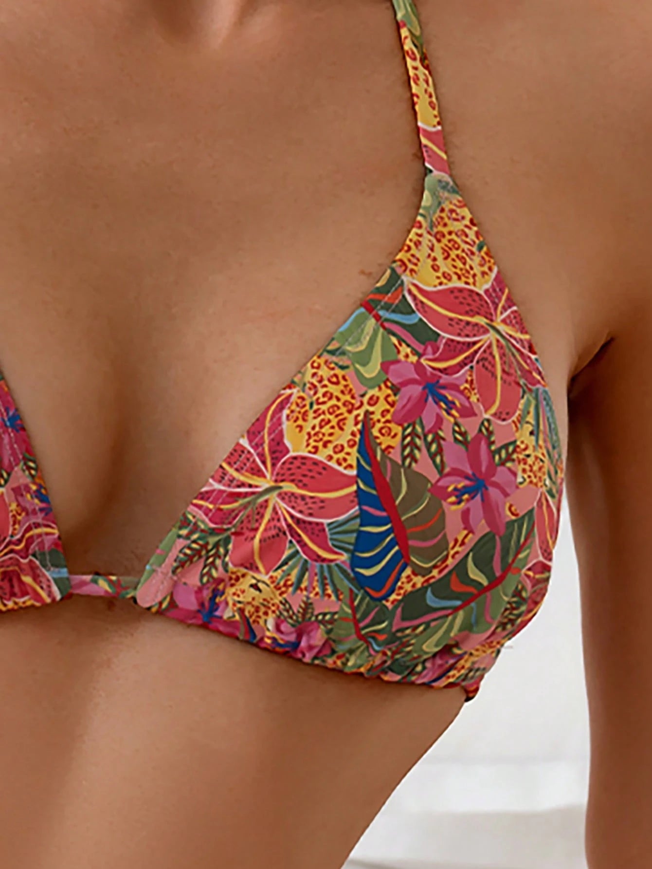 Swim Vcay Women's Beach Holiday Random Tropical Plant Print Halter Tie Sexy Triangle Bikini Top For Summer Beach Vacation