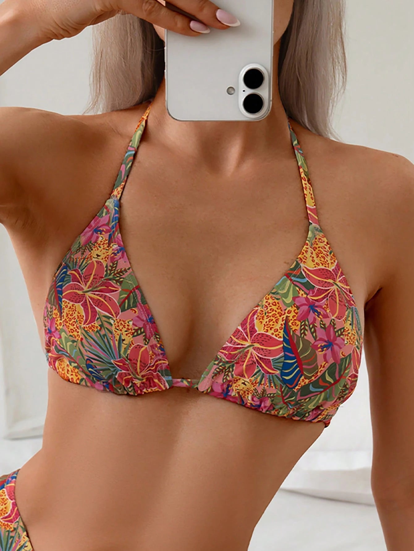 Swim Vcay Women's Beach Holiday Random Tropical Plant Print Halter Tie Sexy Triangle Bikini Top For Summer Beach Vacation
