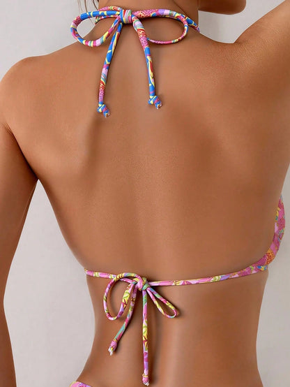 Swim Vcay Women's Beach Holiday Random Tropical Plant Print Halter Tie Sexy Triangle Bikini Top For Summer Beach Vacation