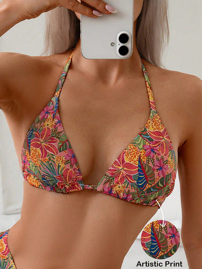 Swim Vcay Women's Beach Holiday Random Tropical Plant Print Halter Tie Sexy Triangle Bikini Top For Summer Beach Vacation