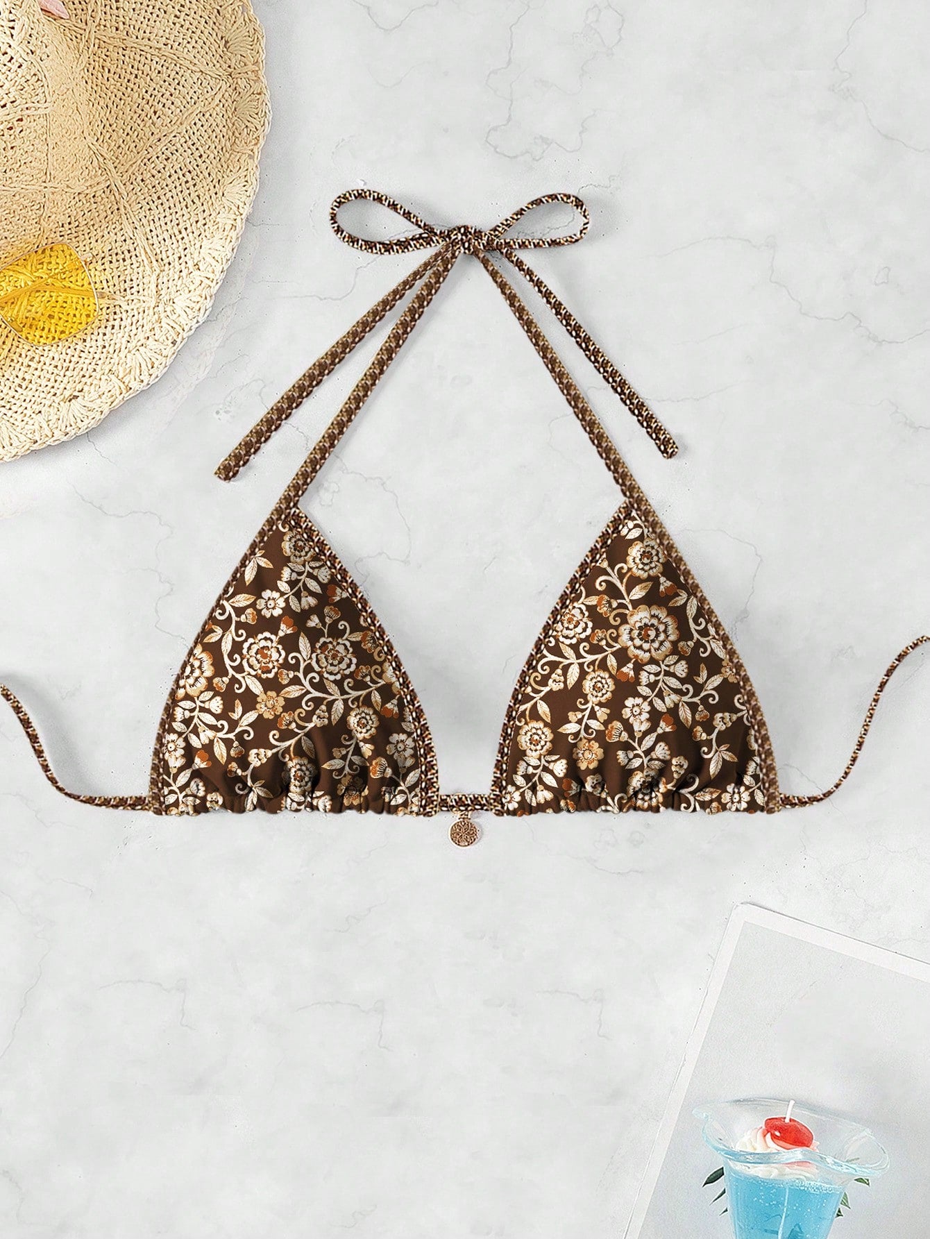 Swim Vcay Women's Halter Neck Triangle Bikini Top,Random Floral Print Beaded Trim Gold Chain Brown Bikini,Summer Beach Boho Holiday Holiday