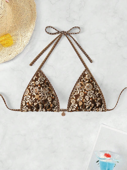 Swim Vcay Women's Halter Neck Triangle Bikini Top,Random Floral Print Beaded Trim Gold Chain Brown Bikini,Summer Beach Boho Holiday Holiday