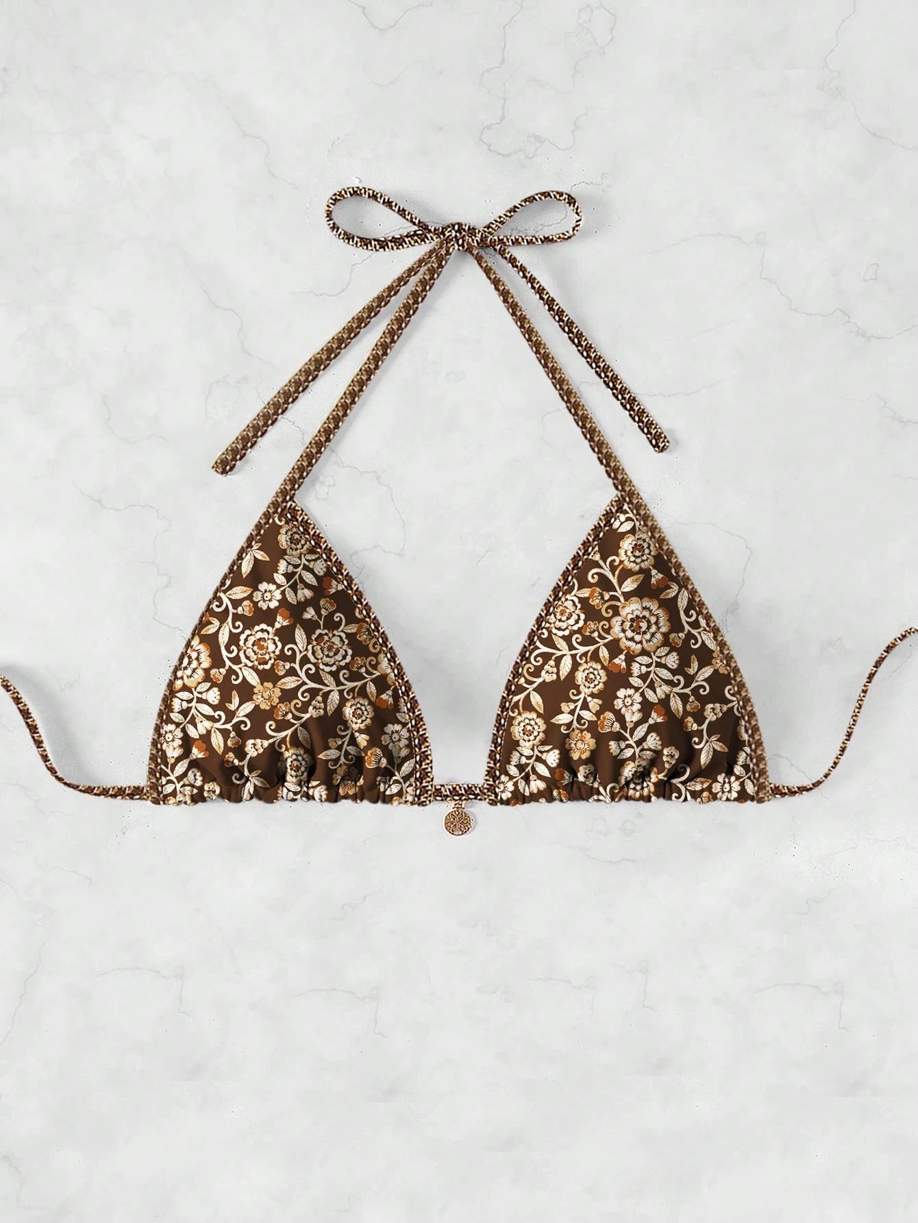 Swim Vcay Women's Halter Neck Triangle Bikini Top,Random Floral Print Beaded Trim Gold Chain Brown Bikini,Summer Beach Boho Holiday Holiday