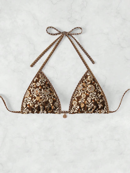 Swim Vcay Women's Halter Neck Triangle Bikini Top,Random Floral Print Beaded Trim Gold Chain Brown Bikini,Summer Beach Boho Holiday Holiday