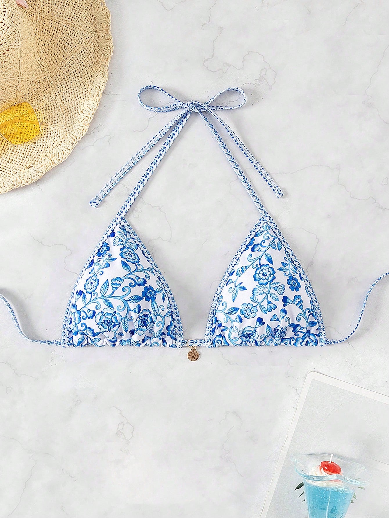 Swim Vcay Women's Halter Neck Triangle Bikini Top,Random Floral Print Beaded Trim Gold Chain Brown Bikini,Summer Beach Boho Holiday Holiday